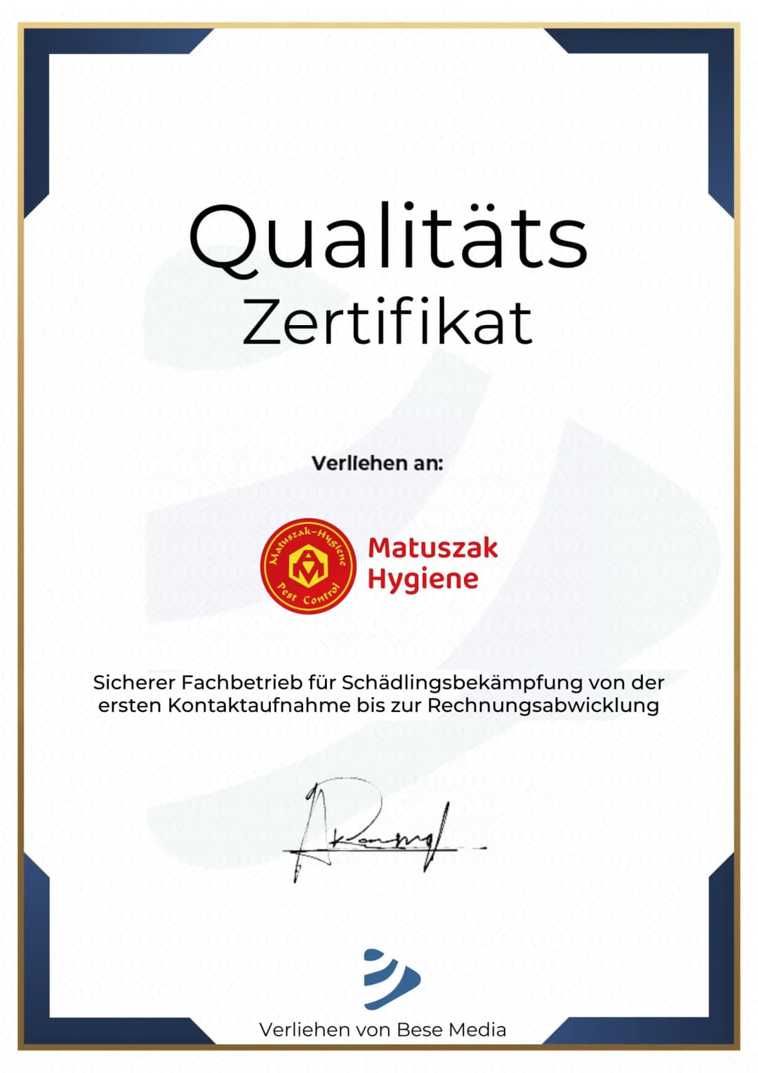 Qualitätszertifikat der Matuszak Hygiene
