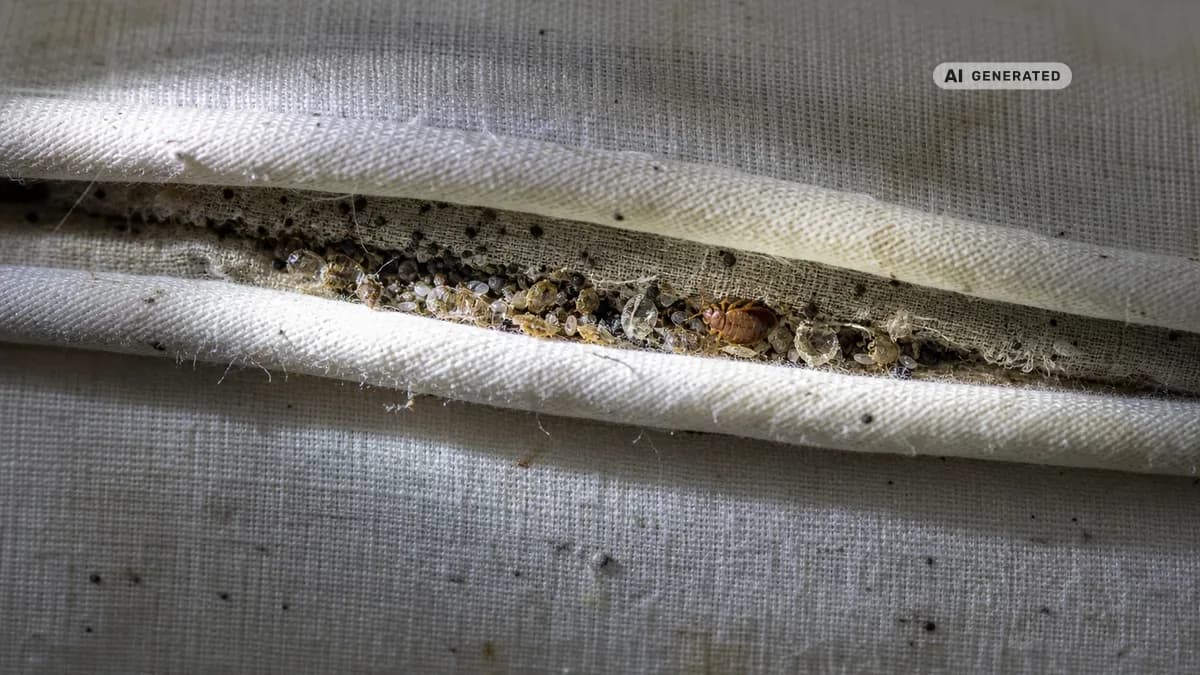KI-generiertes Bild: Detailaufnahme einer geöffneten Matratzennaht mit schwarzen Kotpunkten, hellen Häutungshüllen, winzigen weißen Eiern und einer rotbraunen Bettwanze, von der Seite mit einer Taschenlampe angeleuchtet