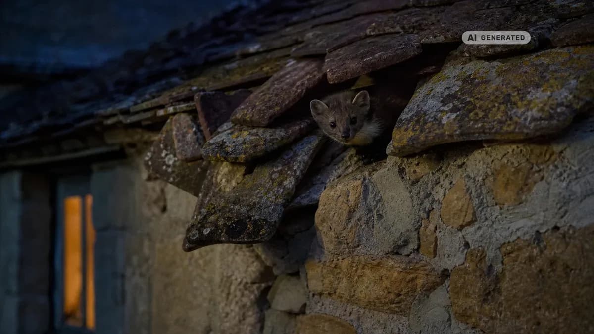 KI-generiertes Bild: Steinmarder späht in der Nacht aus einem Spalt unter den Ziegeln eines alten Bruchsteinhauses in Rheinhessen