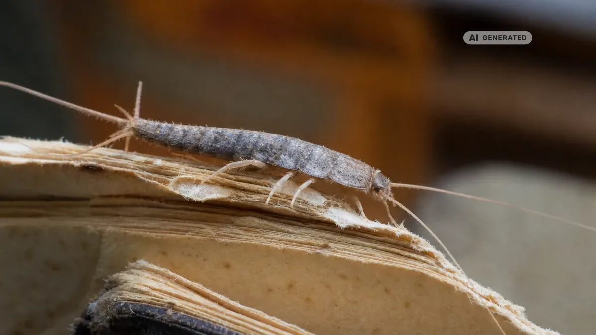 KI-generiertes Bild: Nahaufnahme eines Papierfischchens auf einer Buchseite mit feinen Fraßspuren am Papierrand