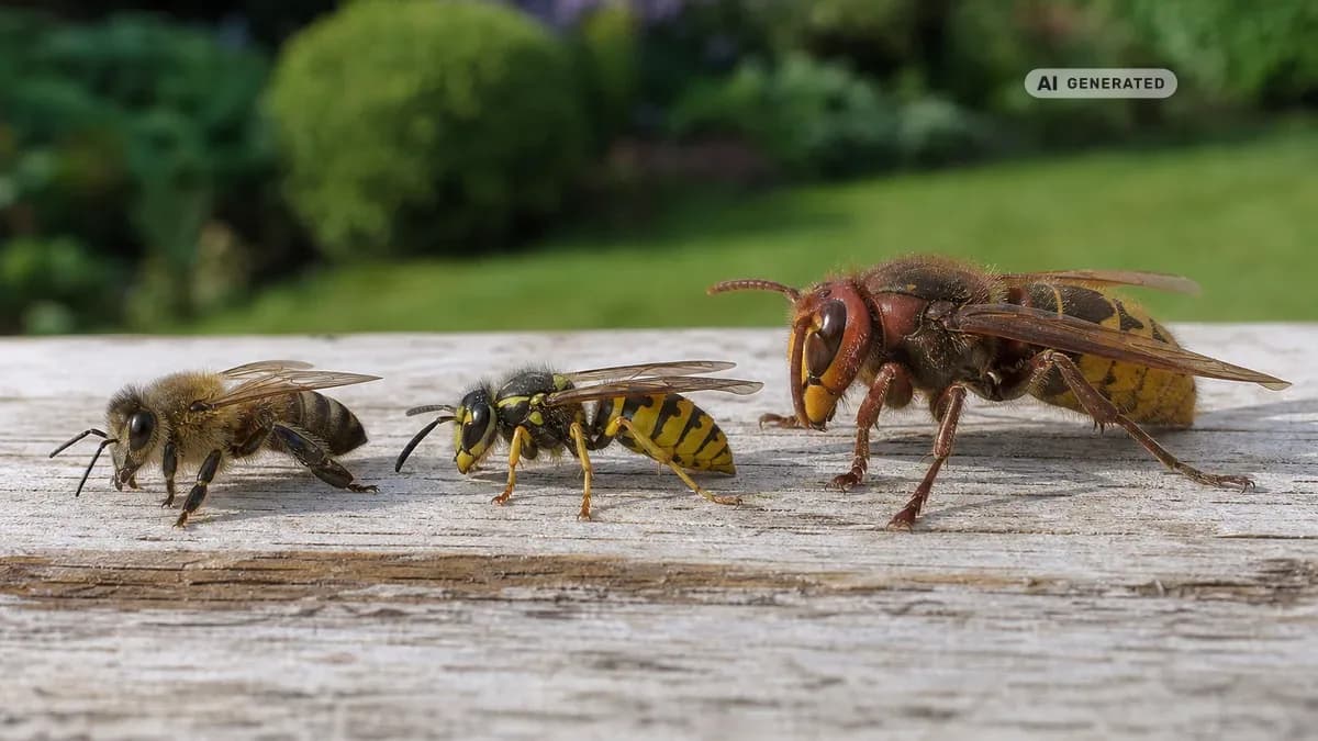 KI-generiertes Bild: Honigbiene, Wespe und Europäische Hornisse zum Größenvergleich nebeneinander auf einem hellen Holzbrett in einem sommerlichen Garten