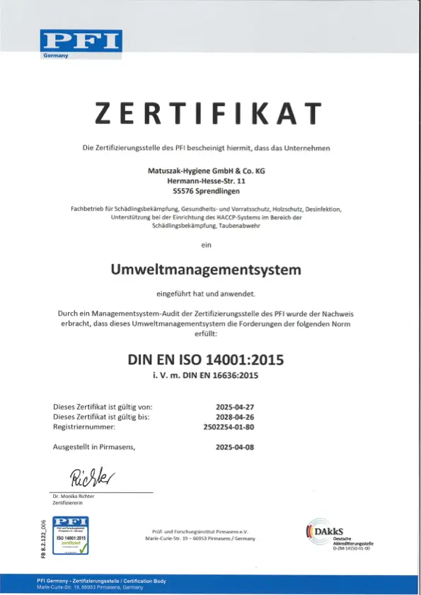 Zertifikat DIN EN ISO 14001:2015 in Verbindung mit DIN EN 16636:2015 der Matuszak-Hygiene GmbH & Co. KG