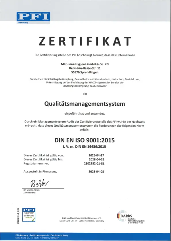 Zertifikat DIN EN ISO 9001:2015 in Verbindung mit DIN EN 16636:2015 der Matuszak-Hygiene GmbH & Co. KG